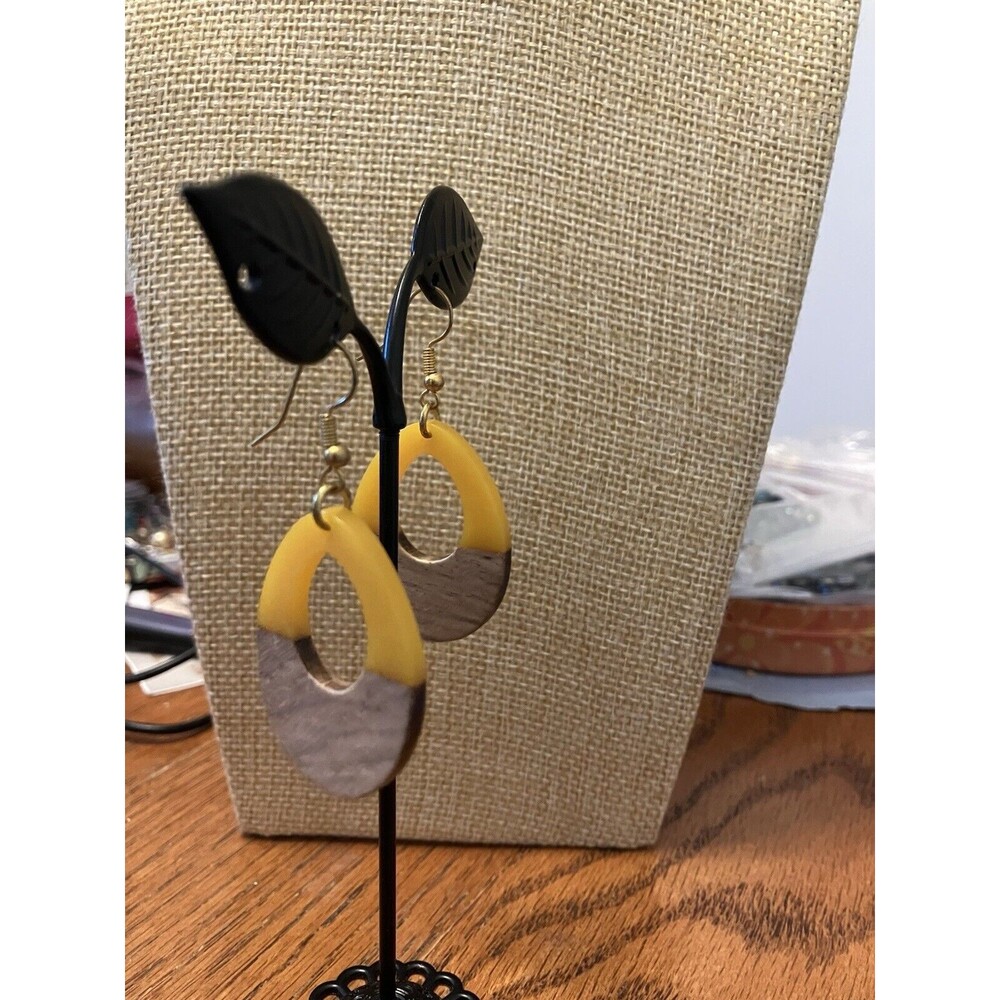 Yellow Wooden Geometric Teardrop Earrings - Acrylic Resin Lightweight Wood